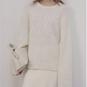 Toteme Cream Boucle Knit Crew Neck Cotton Sweater